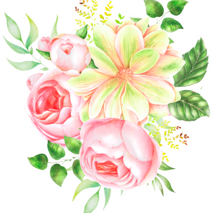 (396-02) Pink Yellow Roses Butterflies Watercolor Flowers