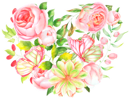 (396-02) Pink Yellow Roses Butterflies Watercolor Flowers