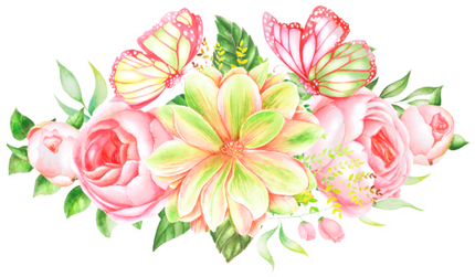 (396-02) Pink Yellow Roses Butterflies Watercolor Flowers