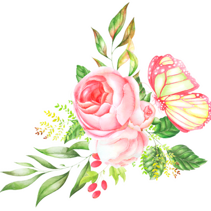 (396-02) Pink Yellow Roses Butterflies Watercolor Flowers