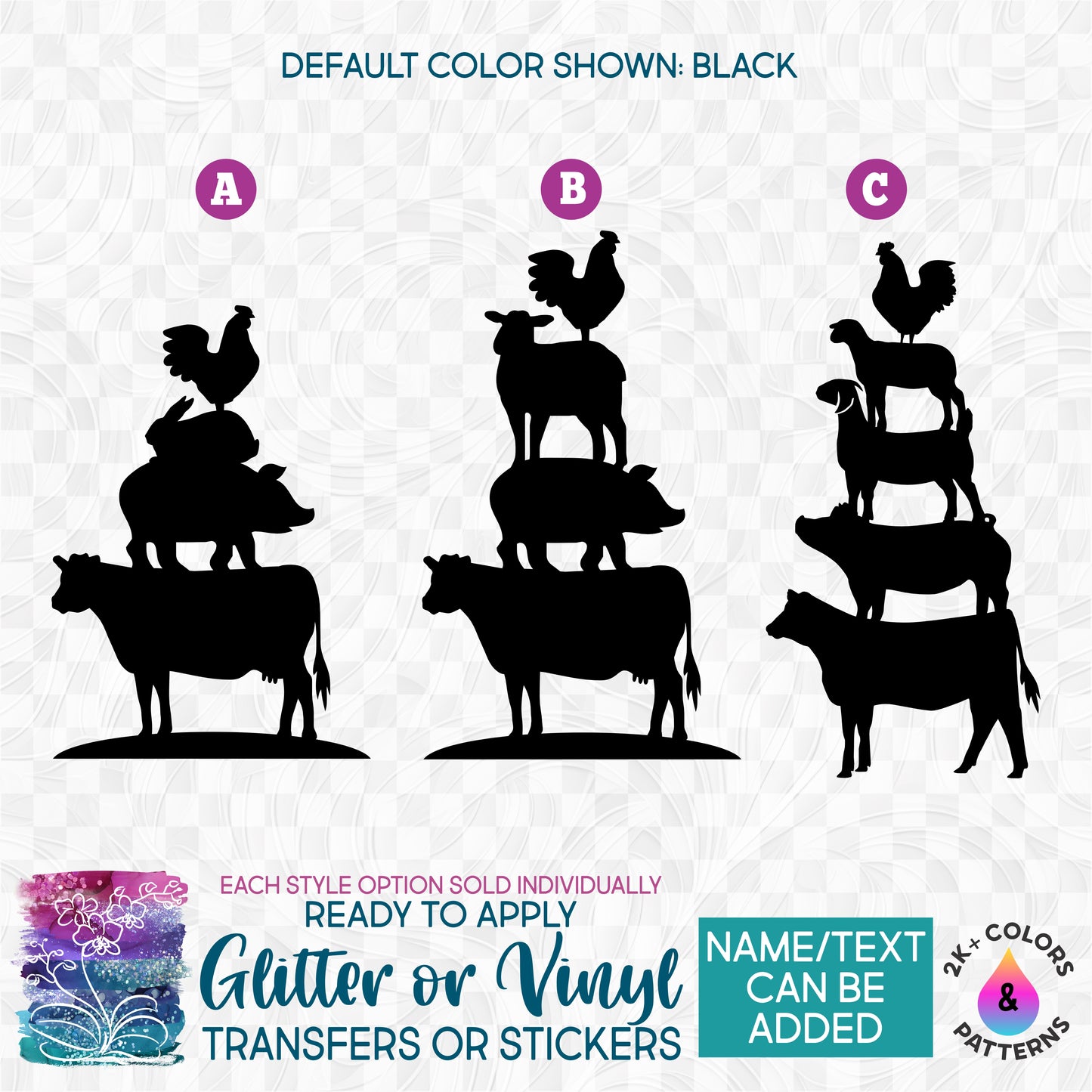 s3-6 Stacked Farm Show Animals Chicken Rabbit Lamb Goat Pig Cow Custom Printed Iron On Transfer or Sticker