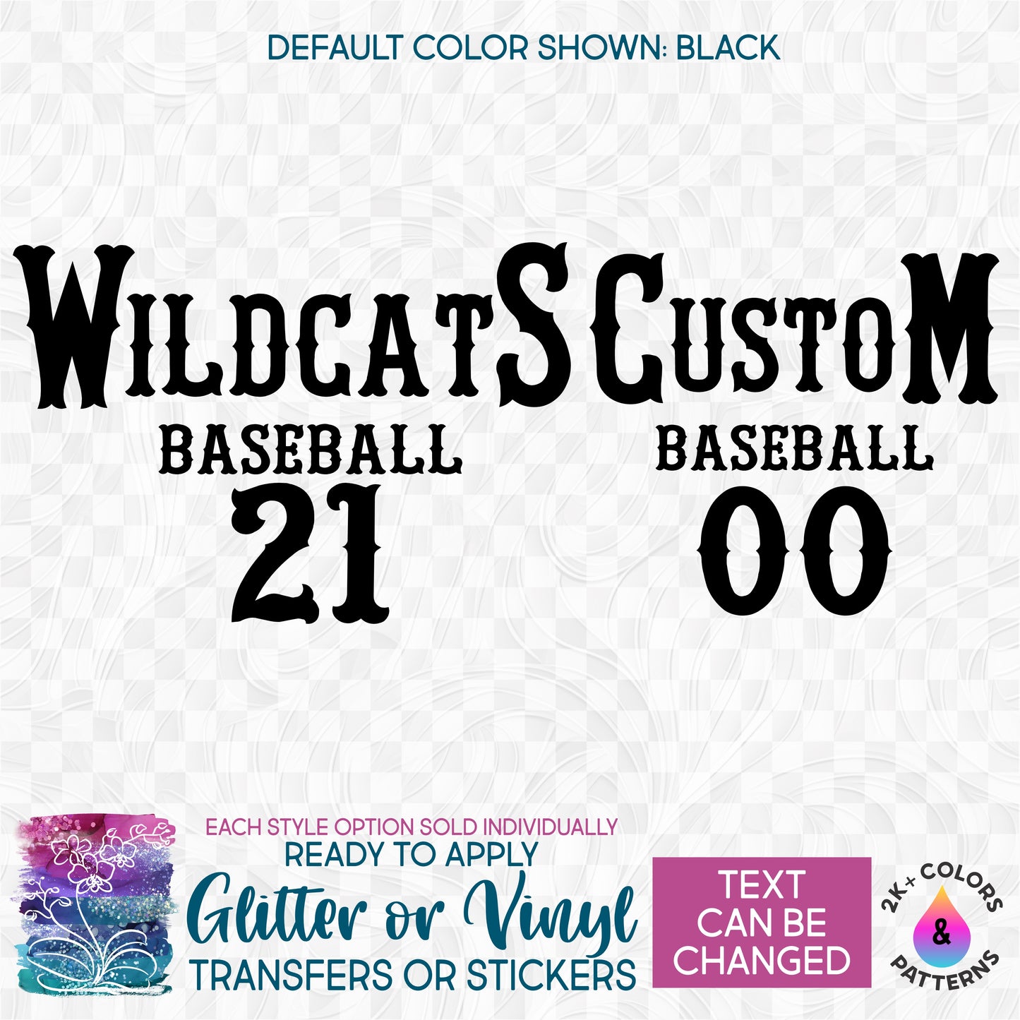 (s041-8G) Team Name Baseball Player Number Glitter or Vinyl Iron-On Transfer or Sticker