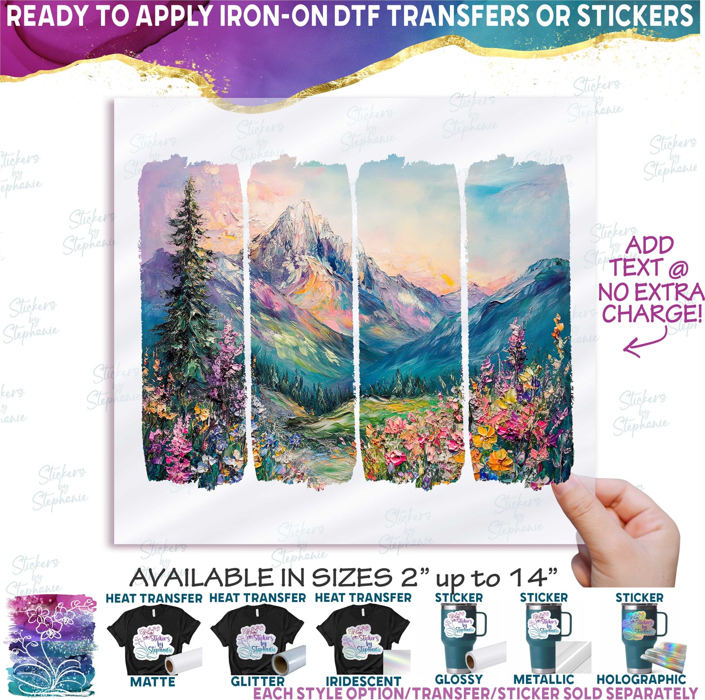 (s420-2-D) Watercolor Brushstroke Mountain Landscape Wildflowers