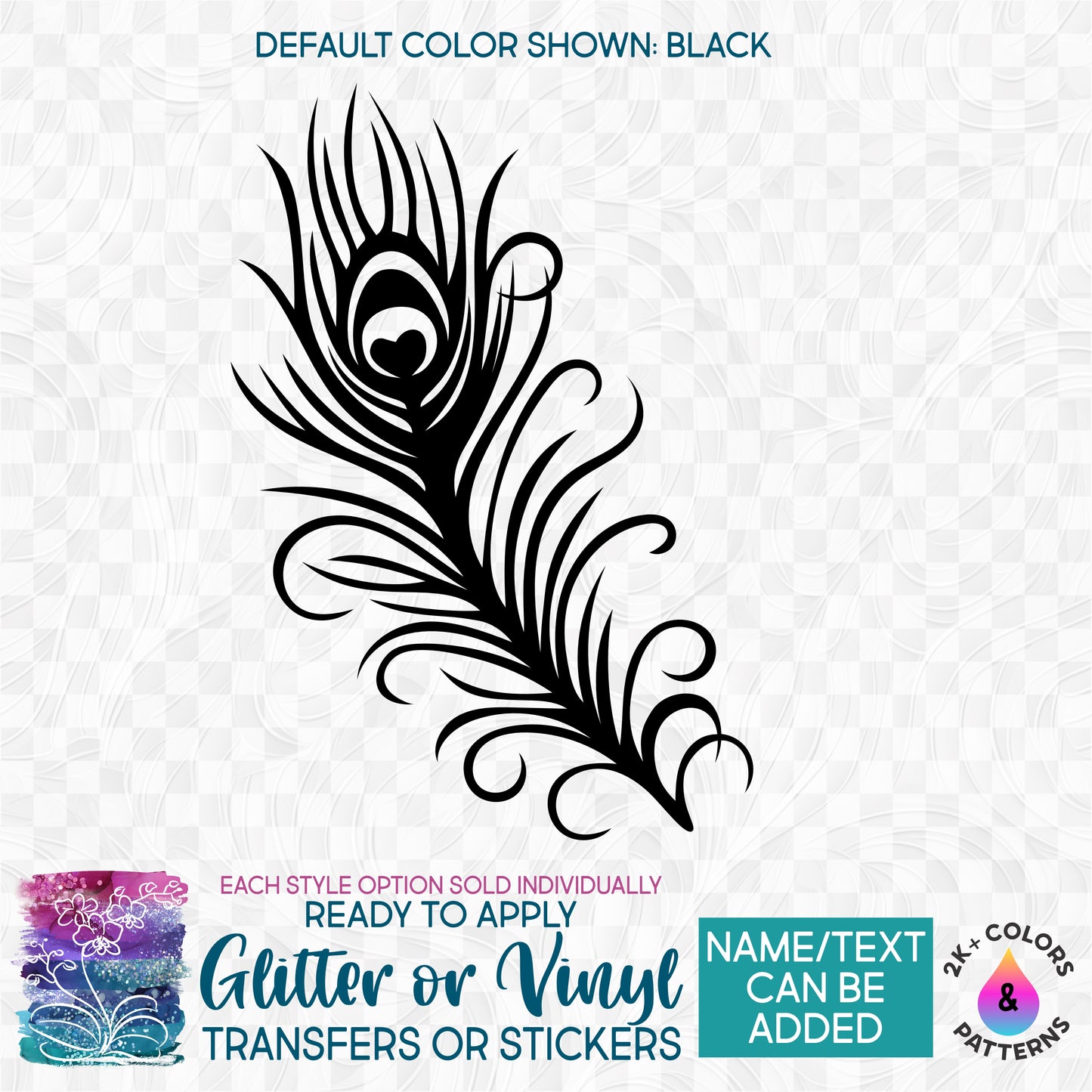 (s043-1A) Peacock Feathers Feather Glitter or Vinyl Iron-On Transfer or Sticker