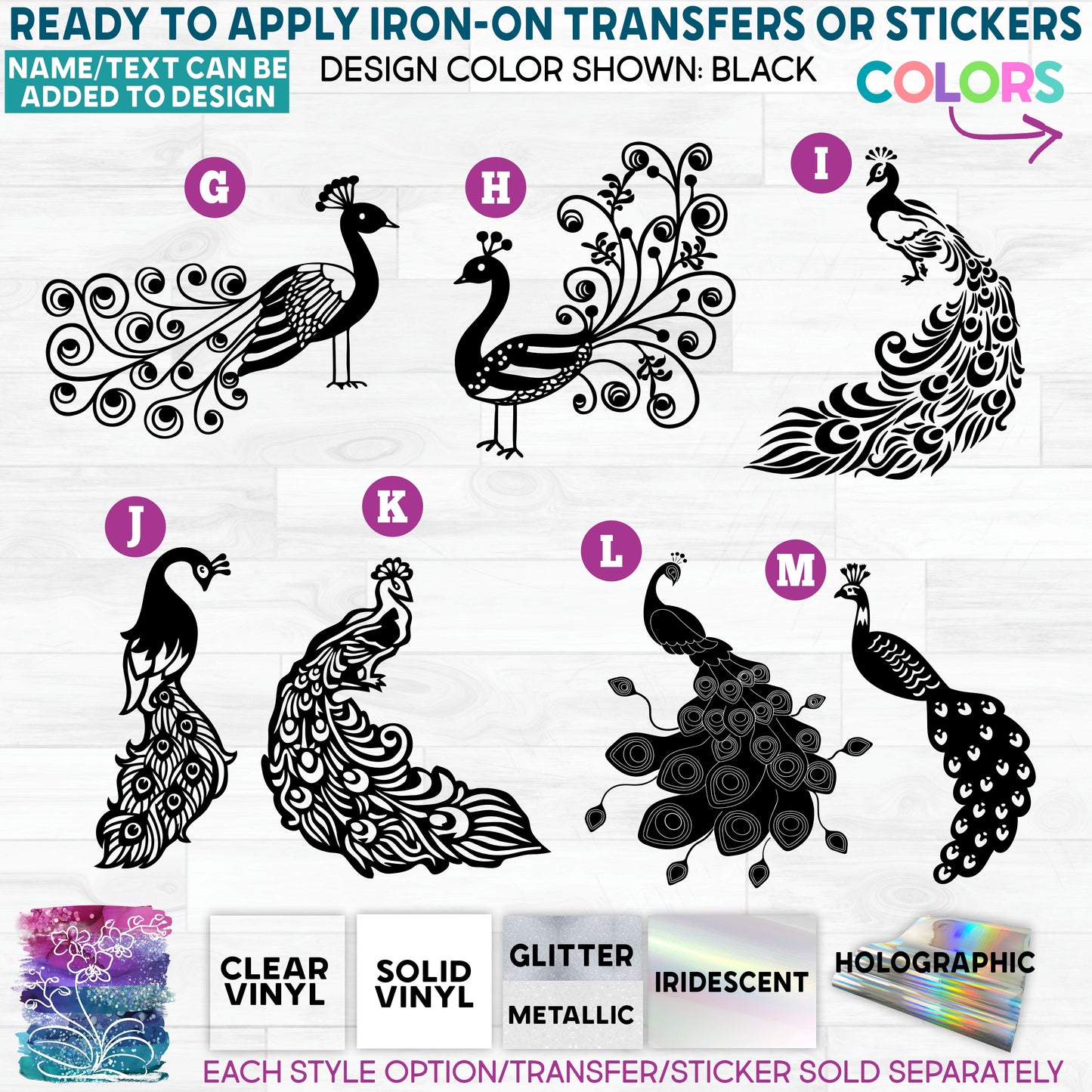 sS:43-1 Peacock Peacocks Custom Printed Iron On Transfer or Sticker