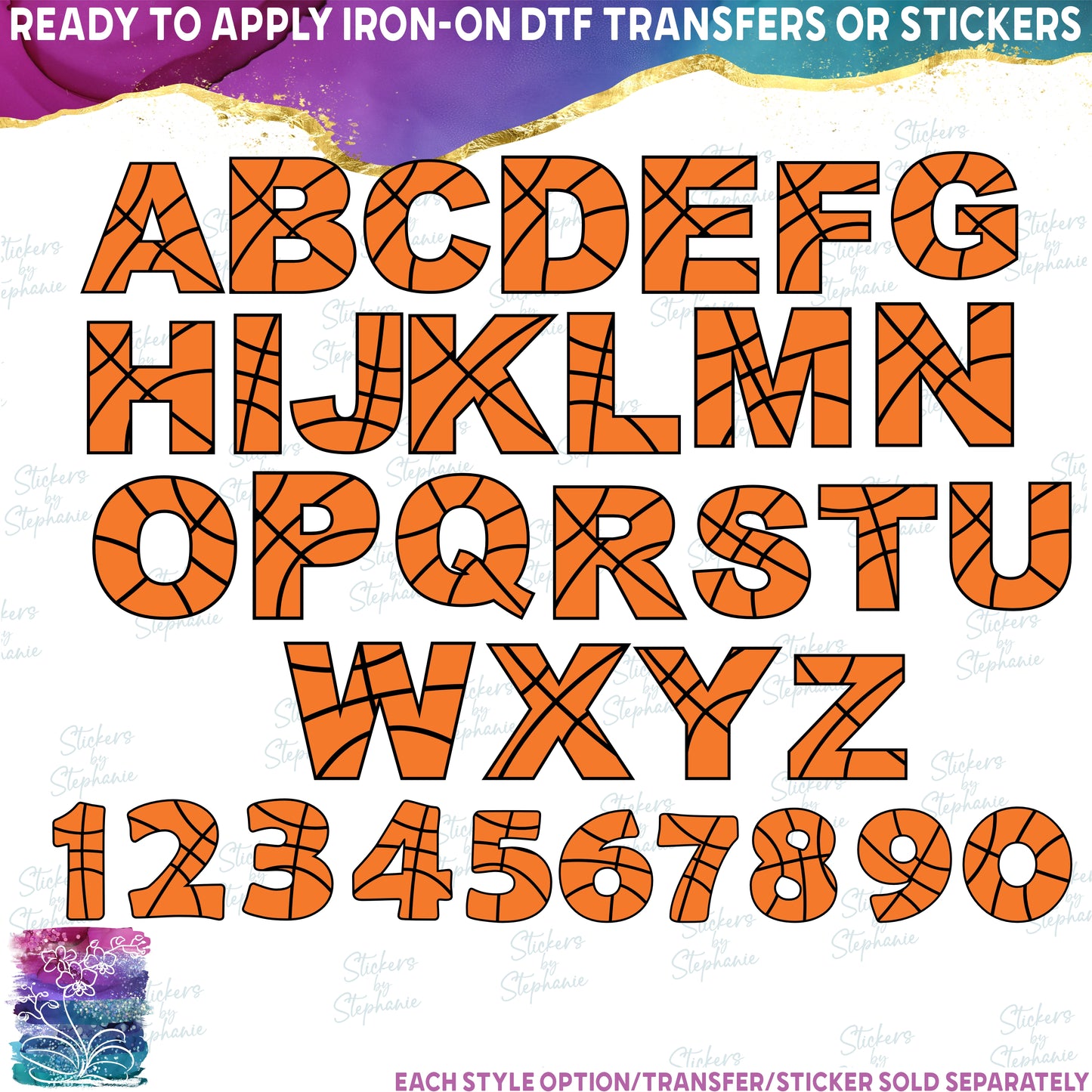 SBS-47-3 Basketball Monogram Single Letters Numbers or Names Custom Printed Iron On Transfer or Sticker