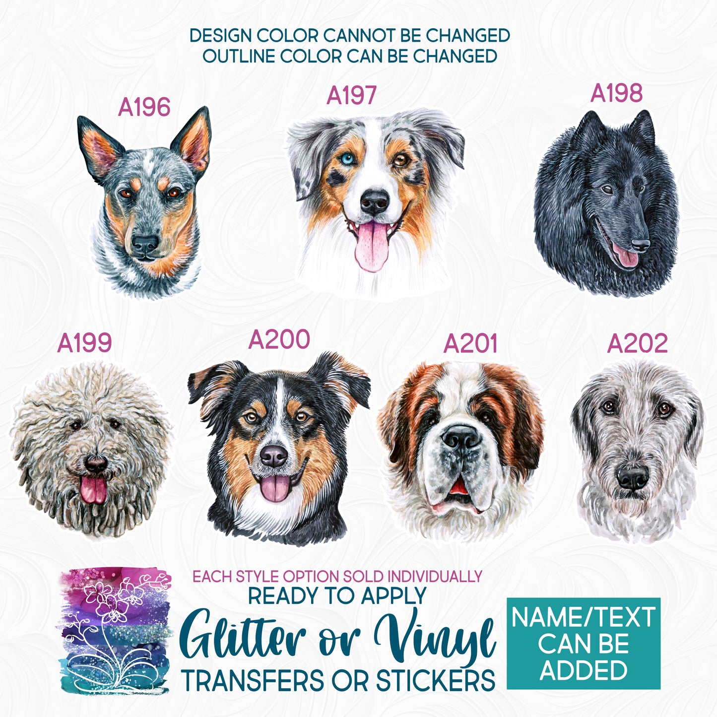 (s053-A) Watercolor Dogs 6 Glitter or Vinyl Iron-On Transfer or Sticker