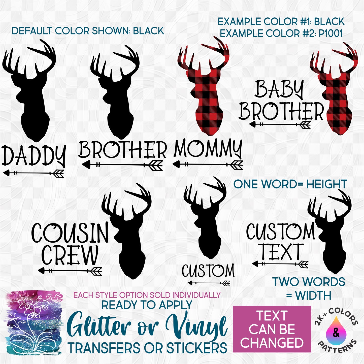 (s063-5A) Buck Deer Family Custom Text Glitter or Vinyl Iron-On Transfer or Sticker