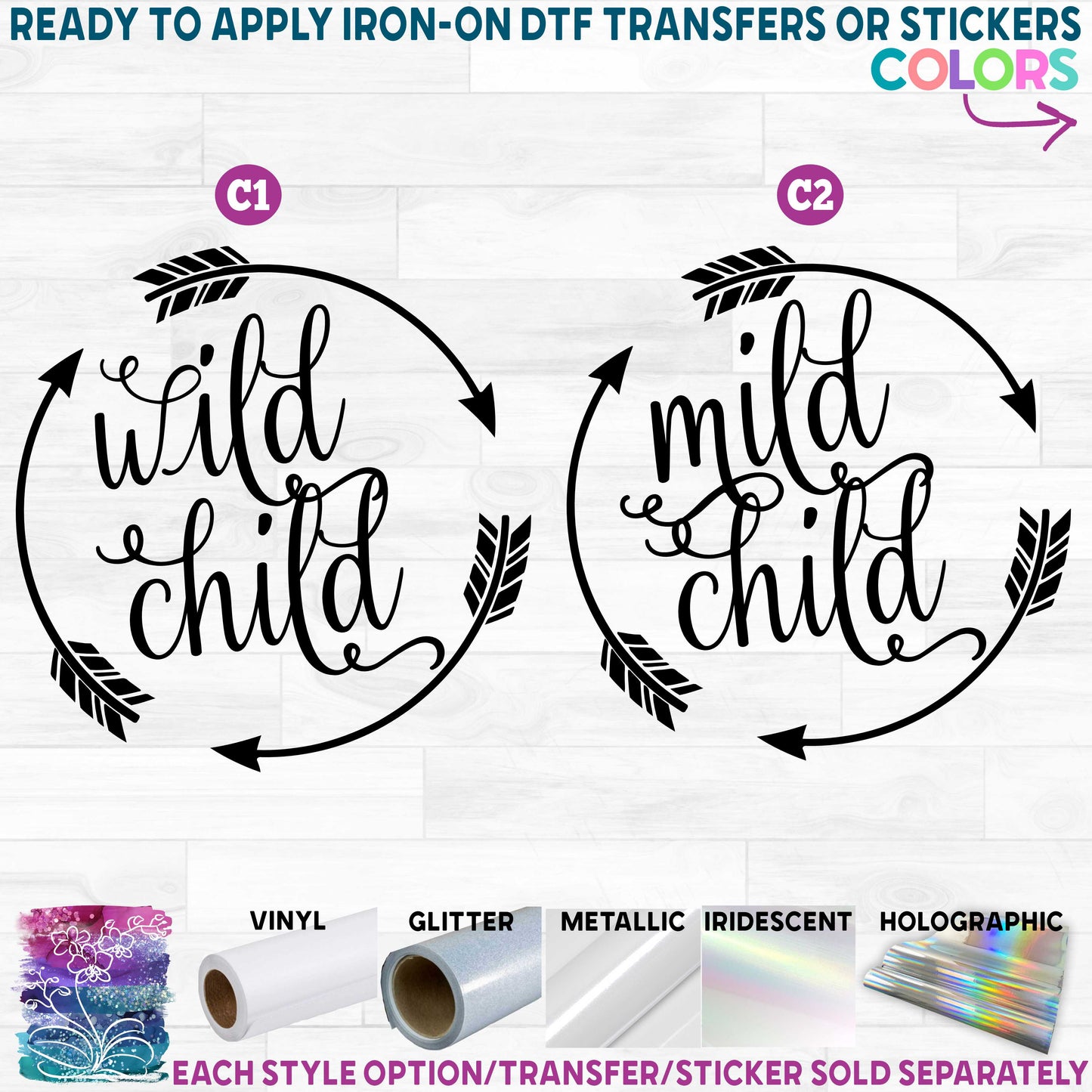 Wild Child or Mild Child Arrow Glitter, Matte, Glossy Iron-On Transfer or Sticker