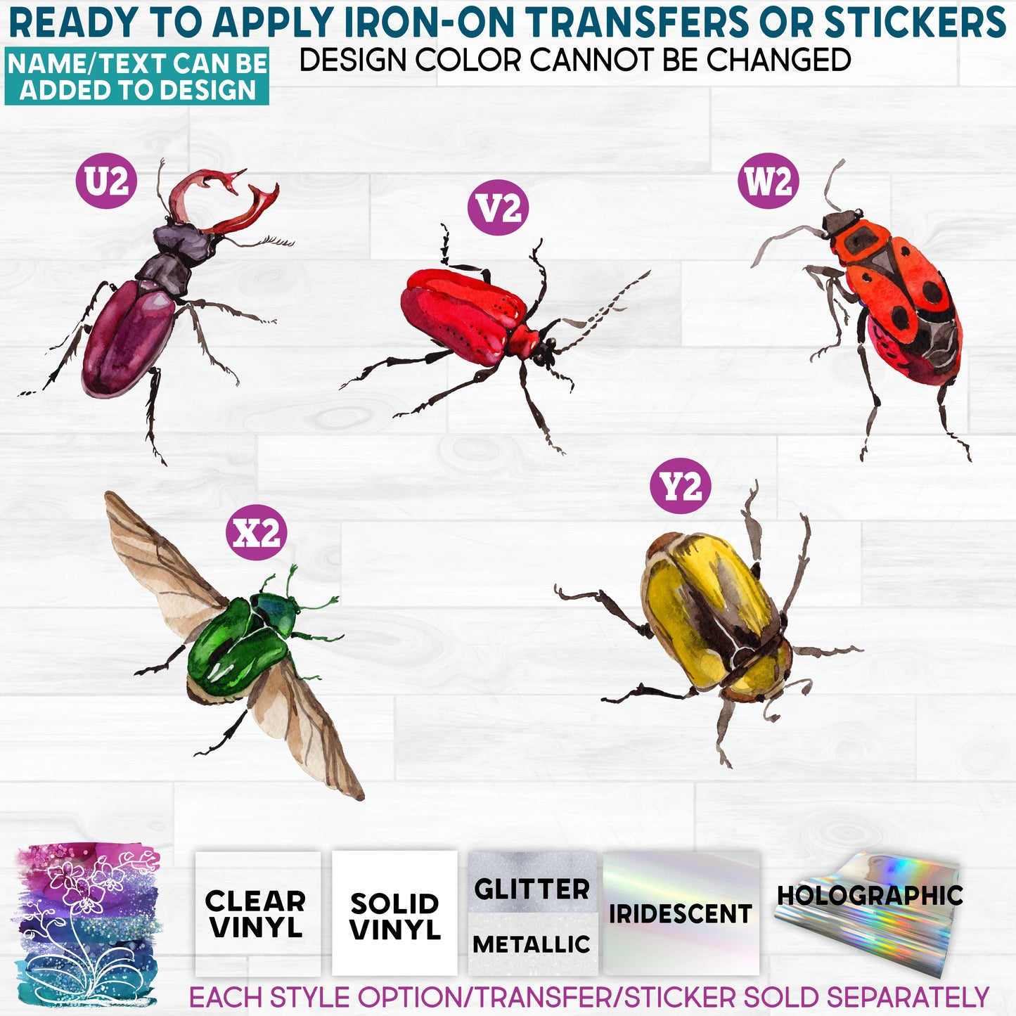 SBS-7 Watercolor Insects Beetle Beetles Bugs Made-to-Order Iron-On Transfer or Sticker