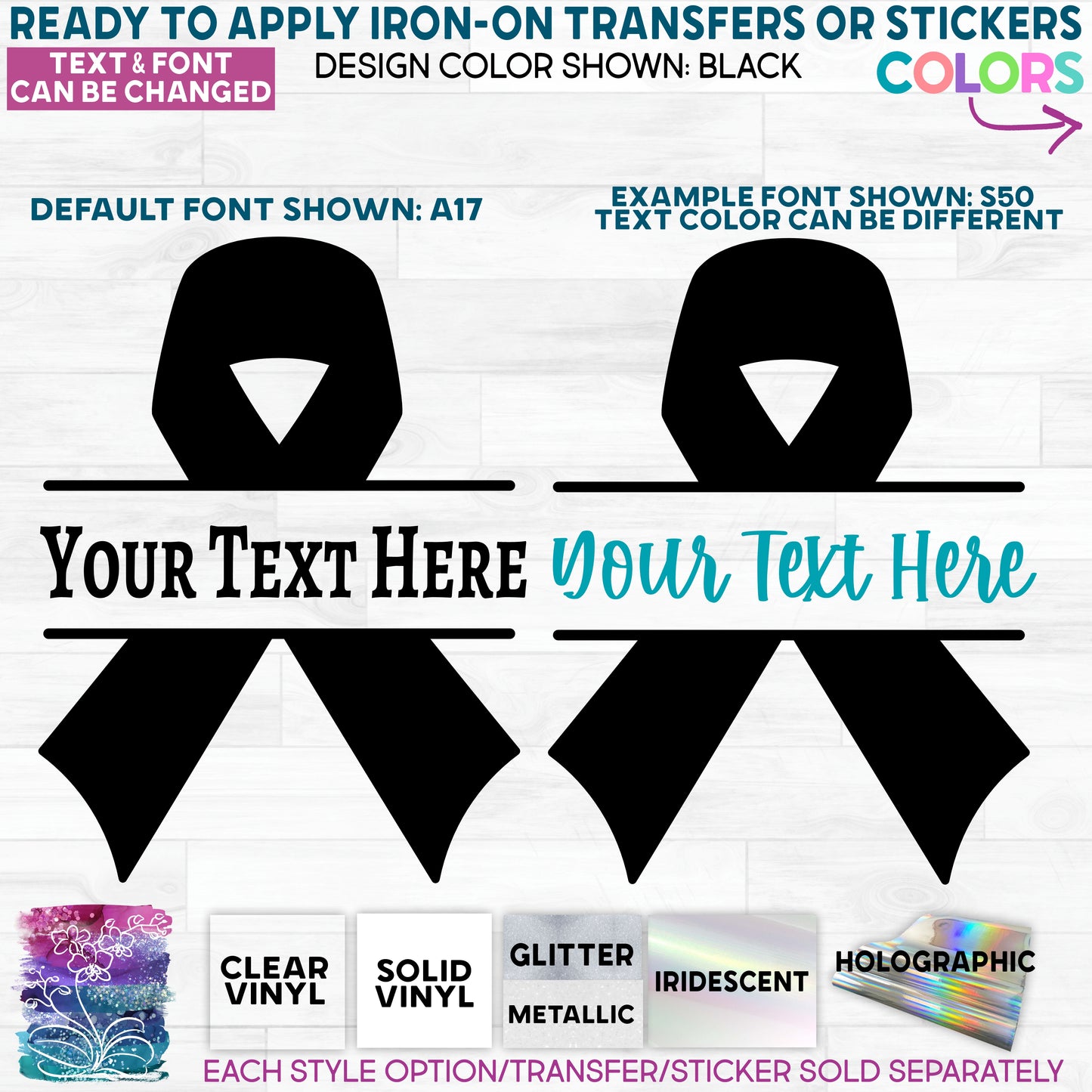 s82-2 Awareness Ribbon Split Text Name Made-to-Order Iron-On Transfer or Sticker