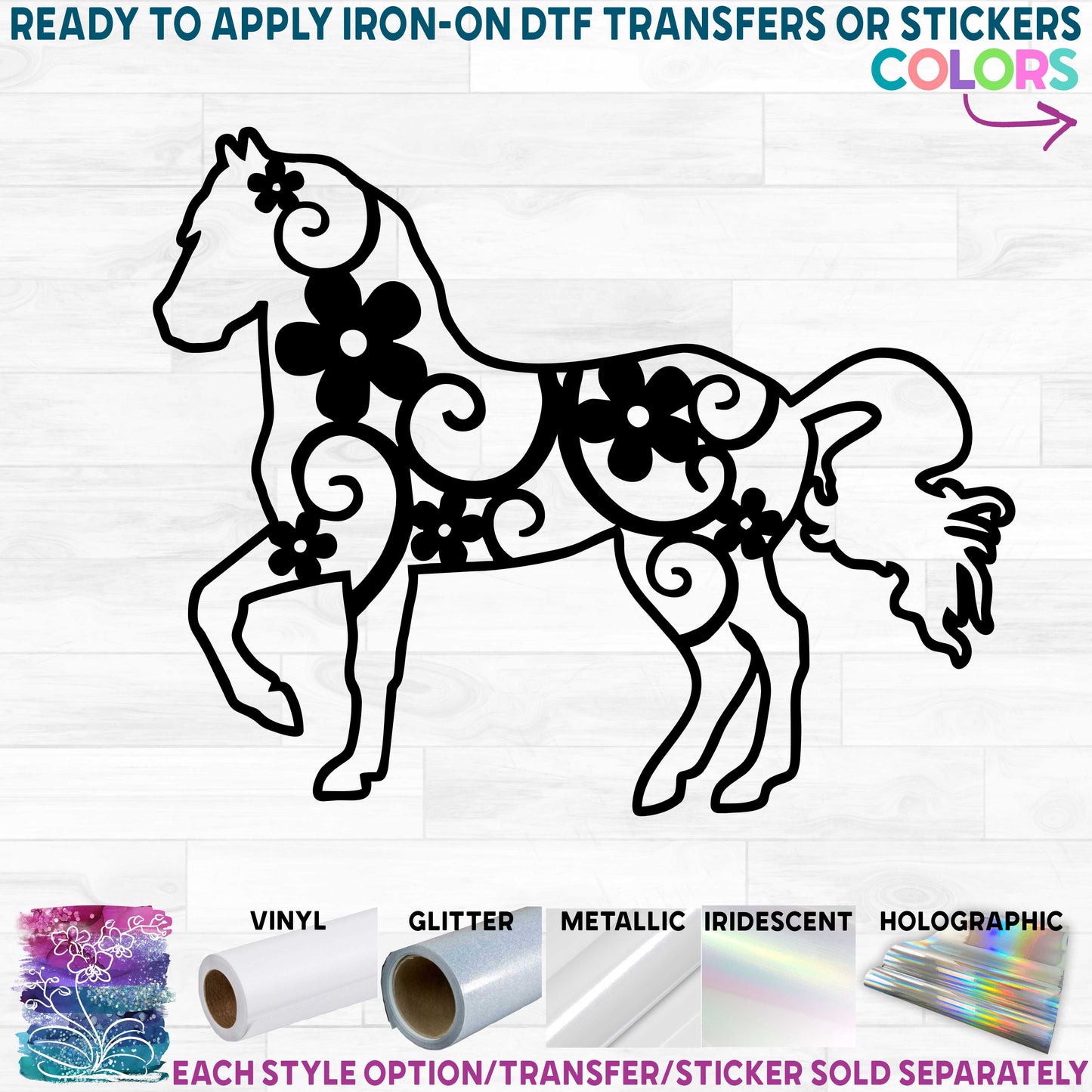 (s089-3C) Horse Daisy Daisies Floral Doodle