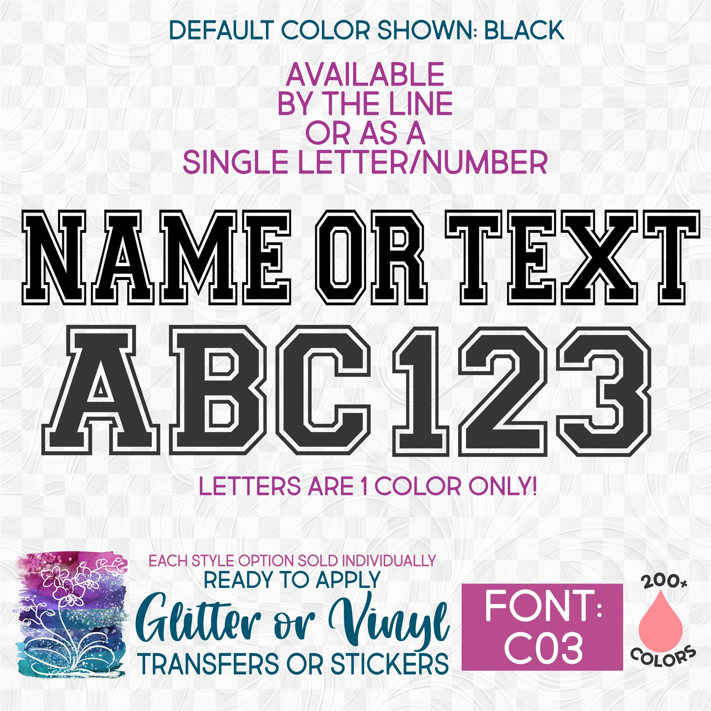 (s97-C03) Block Font Custom Name Text or Single Letter Number Glitter or Vinyl Iron-On Transfer or Sticker