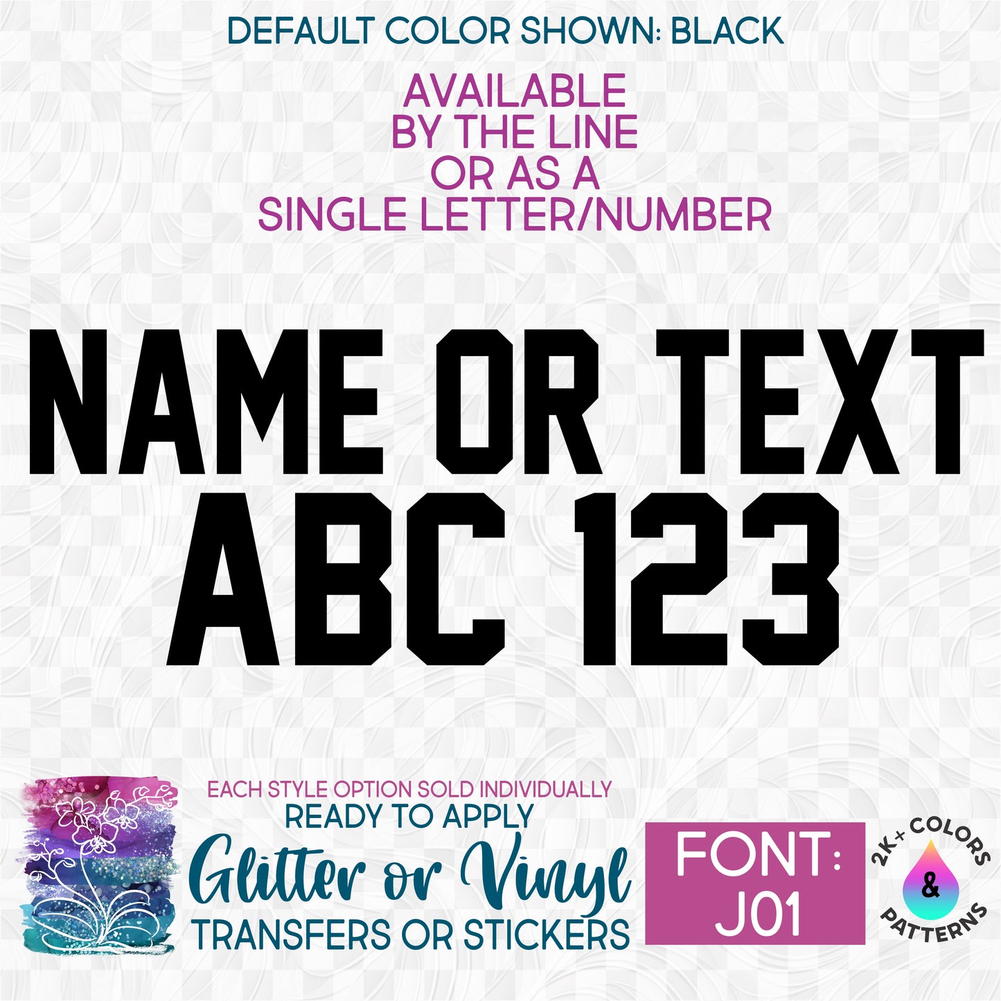 (s97-J01) Block Font Custom Name Text or Single Letter Number Glitter or Vinyl, Iron-On Transfer or Sticker