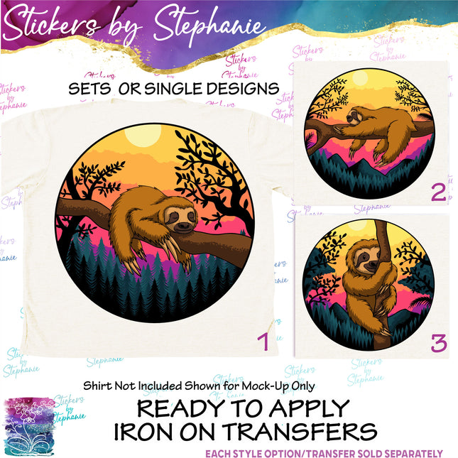 (s1-02-229) Sloth Retro Sunset Iron-On Transfer