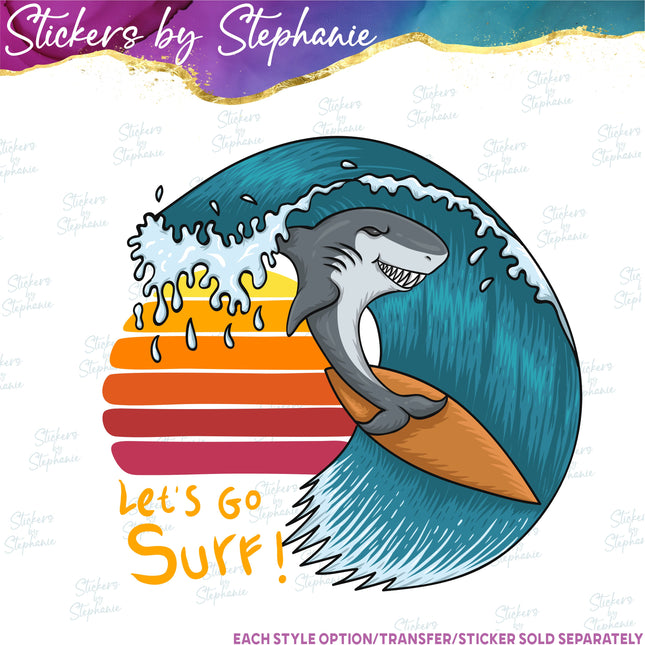 (s1-05-022) Let's Go Surf Shark Surfing Iron-On Transfer