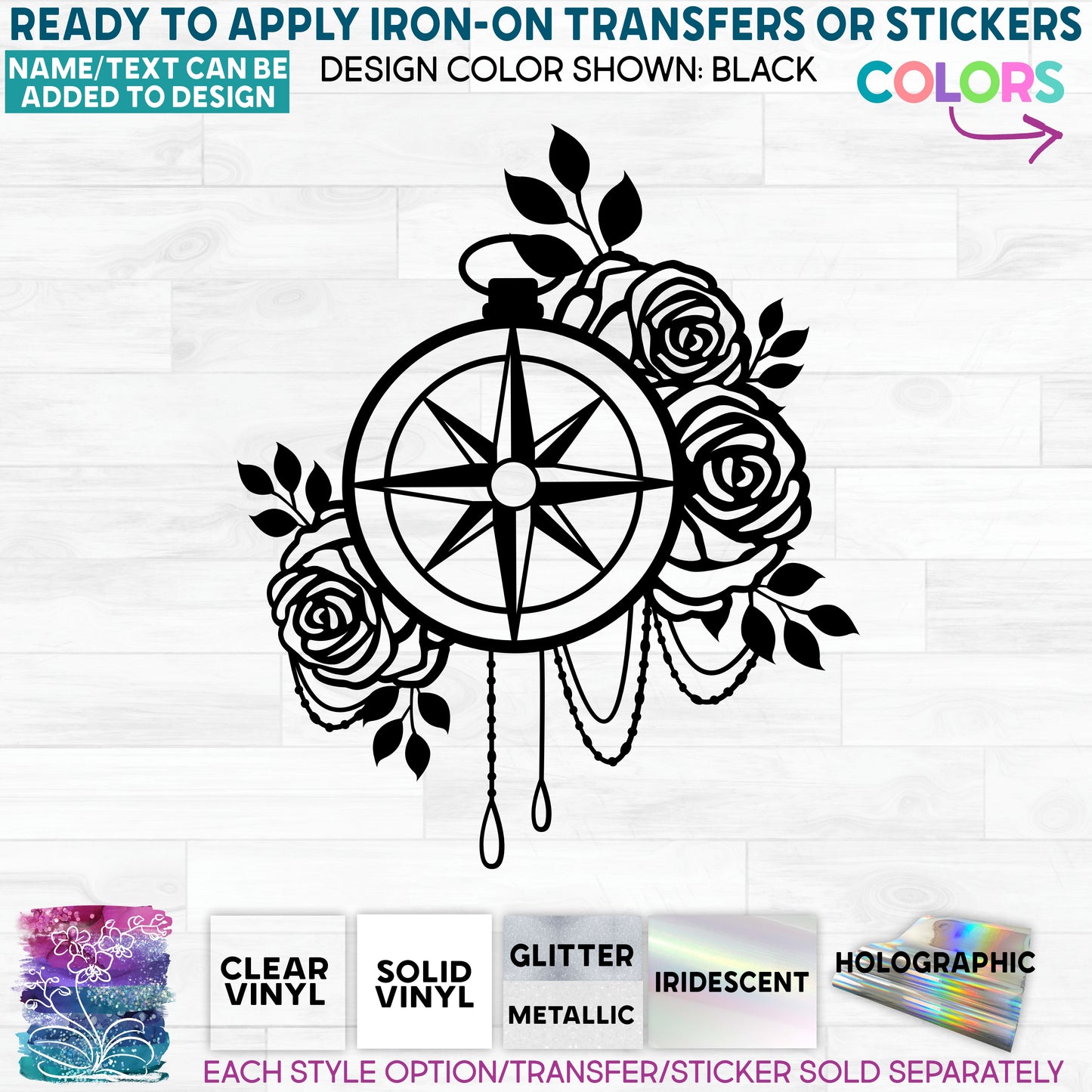 s101-D Floral Compass Rose with Roses Made-To-Order Iron-On Transfer or Sticker