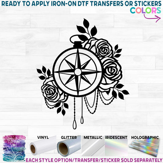 (s101-D) Floral Compass Rose Roses Printed Heat Transfer or Sticker