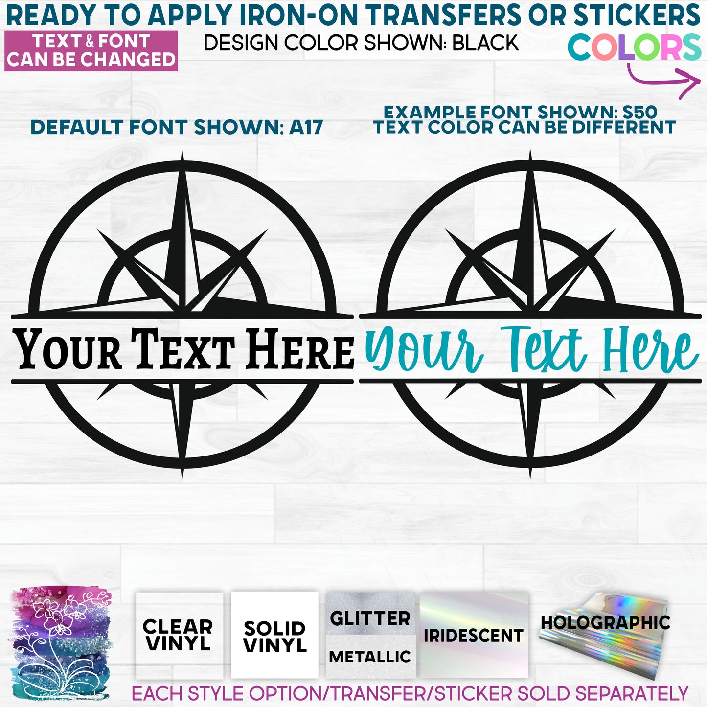 (s101-2C) Compass Nautical Split Name Text Ready to Apply Iron-On Transfer or Sticker