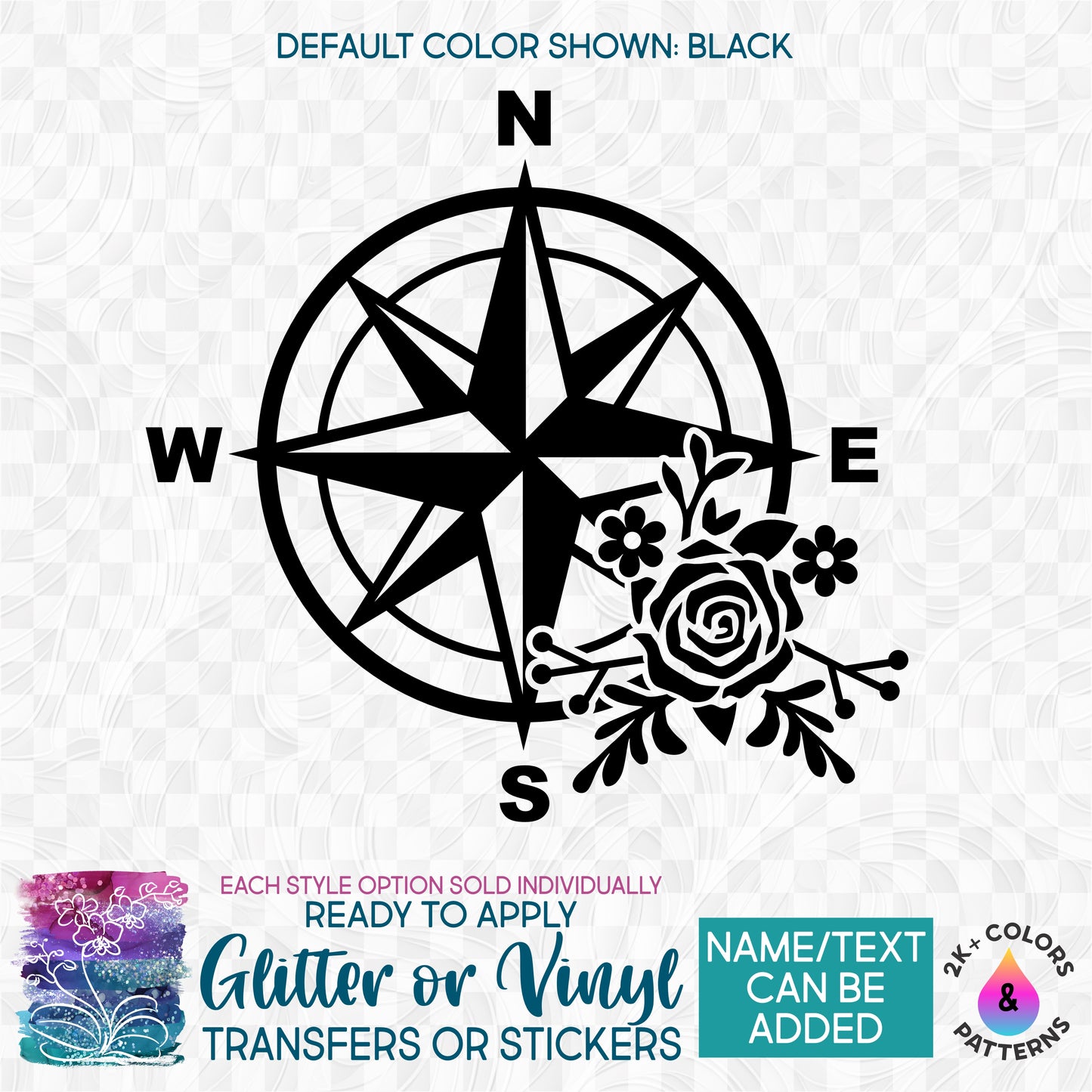 s101-C Compass Rose with Flowers Made-To-Order Iron-On Transfer or Sticker