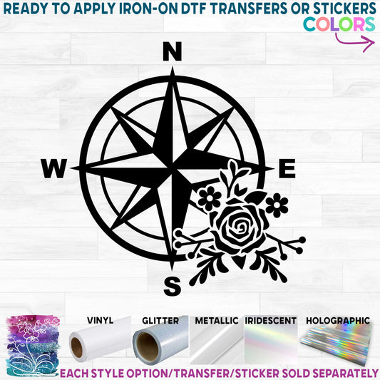 (s101-C) Compass Rose Flowers Printed Heat Transfer or Sticker