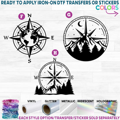 (s101) Compass Mountains Crescent Moon Printed Heat Transfer or Sticker