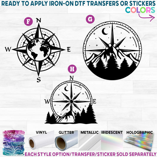 (s101) Compass Mountains Crescent Moon Printed Heat Transfer or Sticker