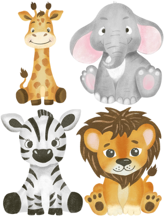 (s102-1-G1) Set of 4 Safari Animals Giraffe Elephant Zebra Lion