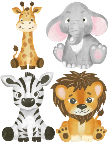(s102-1-G1) Set of 4 Safari Animals Giraffe Elephant Zebra Lion
