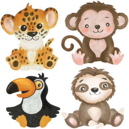 (s102-1-G2) Set of 4 Safari Animals Leopard Monkey Toucan Sloth
