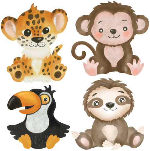 (s102-1-G2) Set of 4 Safari Animals Leopard Monkey Toucan Sloth