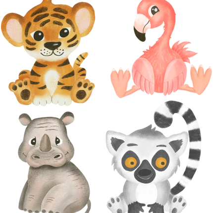 (s102-1-G3) Set of 4 Safari Animals Tiger Flamingo Rhino Lemur