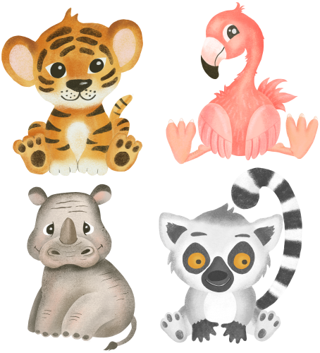 (s102-1-G3) Set of 4 Safari Animals Tiger Flamingo Rhino Lemur