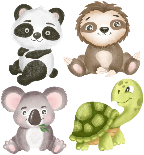 (s102-1-G4) Set of 4 Safari Animals Panda Sloth Koala Turtle