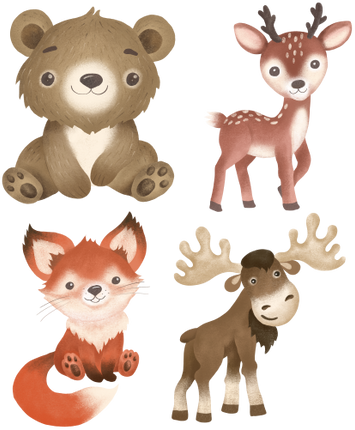 (s102-4-G1) Set of 4 Forest Animals Bear Deer Moose Fox