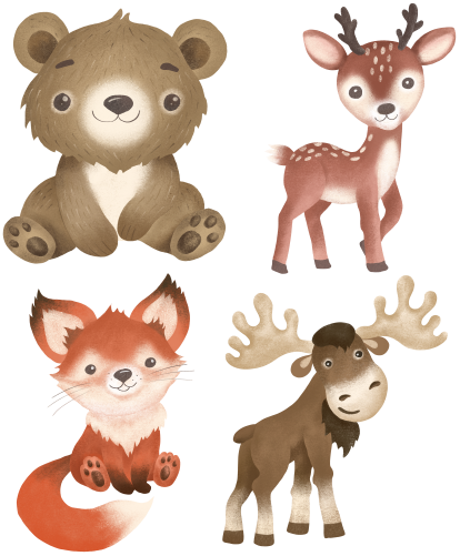 (s102-4-G1) Set of 4 Forest Animals Bear Deer Moose Fox