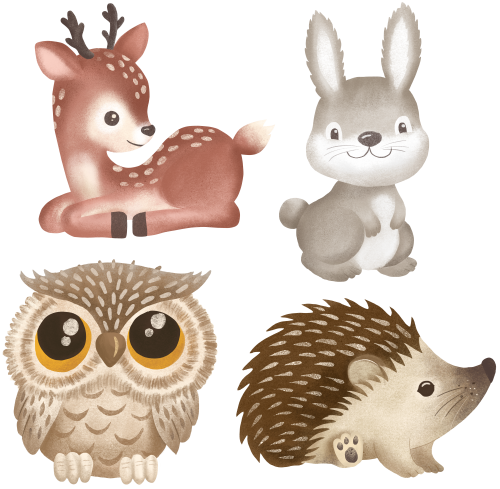 (s102-4-G2) Set of 4 Forest Animals Skunk Racoon Hedgehog Squirrel