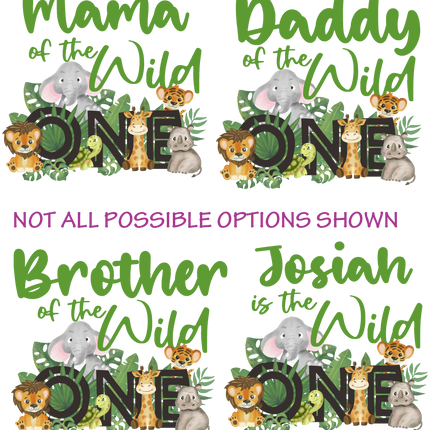 (s102-2A) Wild One Baby Jungle Animals Family Custom Text