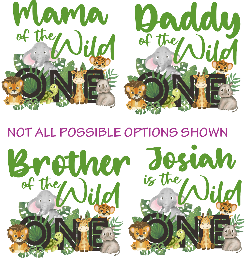 (s102-2A) Wild One Baby Jungle Animals Family Custom Text