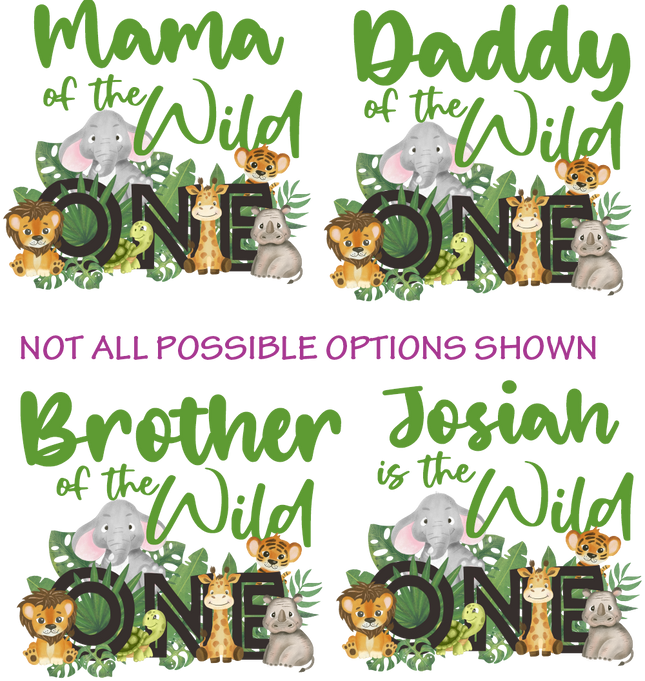 (s102-2A) Wild One Baby Jungle Animals Family Custom Text