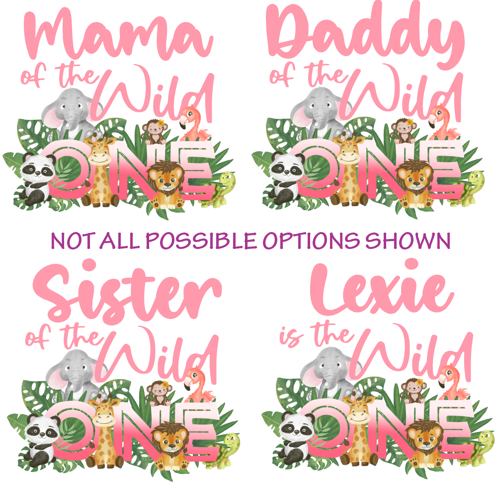 (s102-3A) Wild One Baby Jungle Animals Family Custom Text