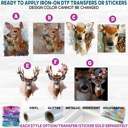 (s109-01) Watercolor Deer Head Buck Doe Fawn Printed Heat Transfer or Sticker