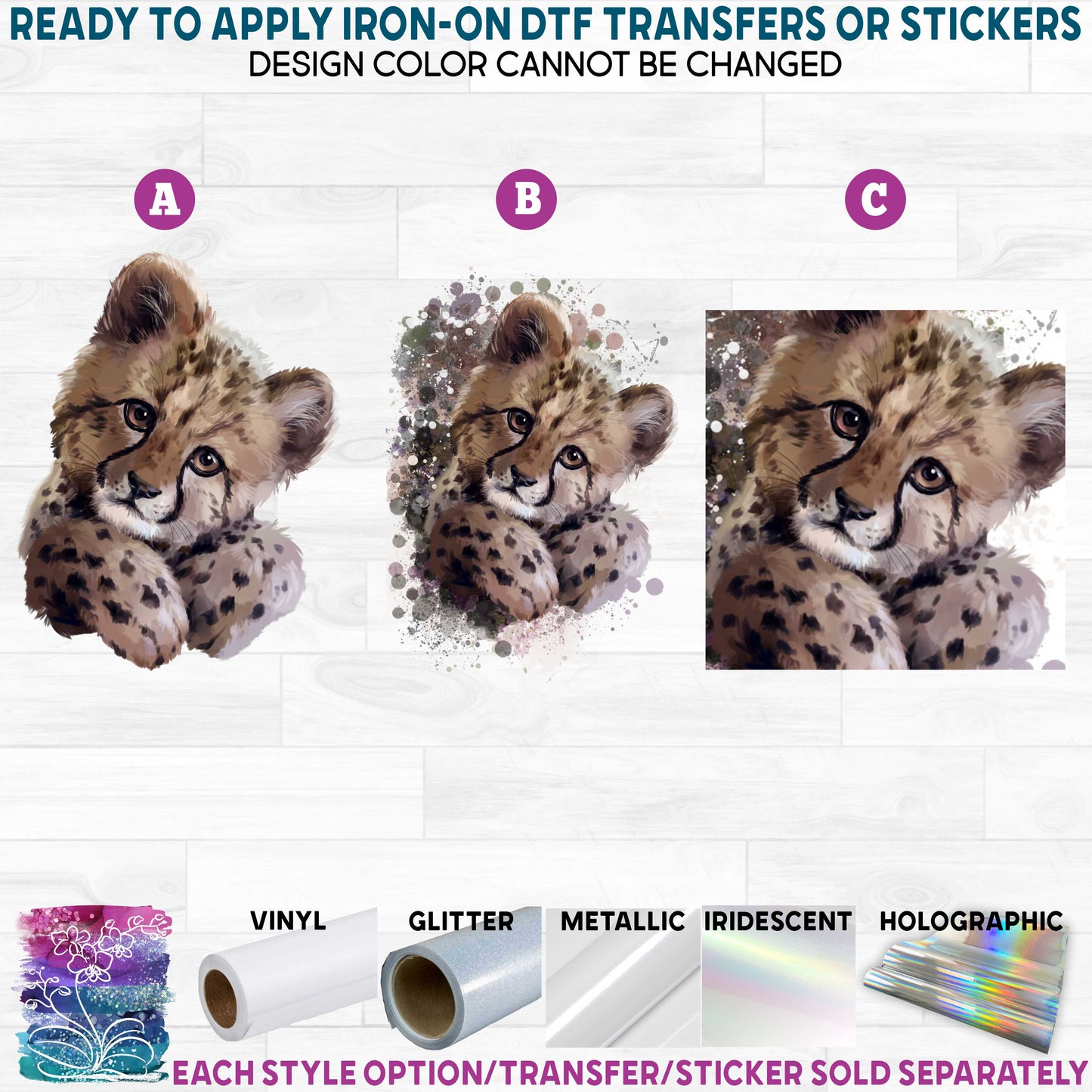 (s109-23) Watercolor Baby Cheetah Cub Printed Heat Transfer or Sticker