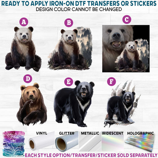 (s109-32) Watercolor Bear Brown Black Kodiak Printed Heat Transfer or Sticker