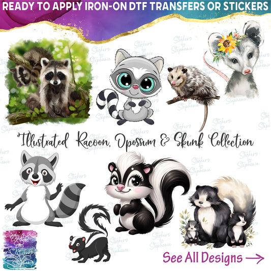 (s109-33) Watercolor Illustrated Cartoon Racoon, Skunk, Opossum & Porcupine Collection