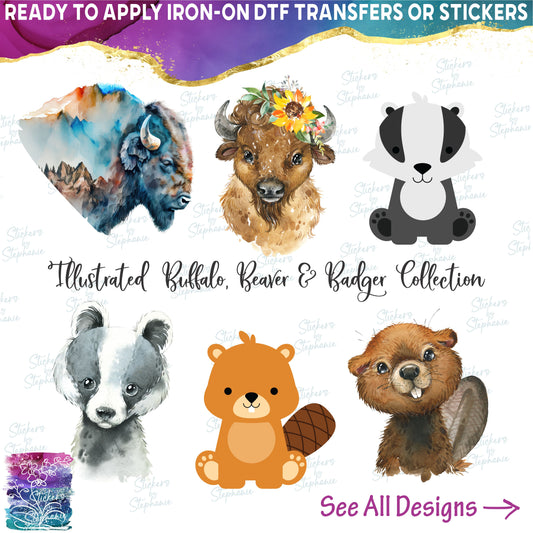 (s109-50) Watercolor Illustrated Cartoon Buffalo, Beaver & Badger Collection