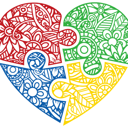 (011-01-1S) 4 Color Autism Puzzle Heart Zentangle Mandala Floral Doodle