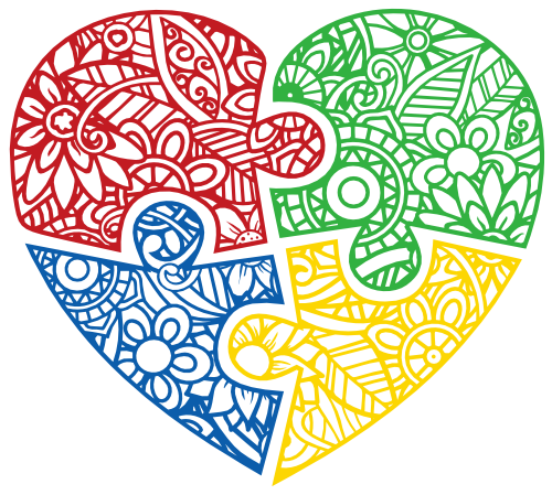 (s011-1-S) 4 Color Autism Puzzle Heart Zentangle Mandala Floral Doodle