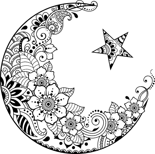 (011-01-U3) Crescent Moon Star Zentangle Mandala Floral Doodle