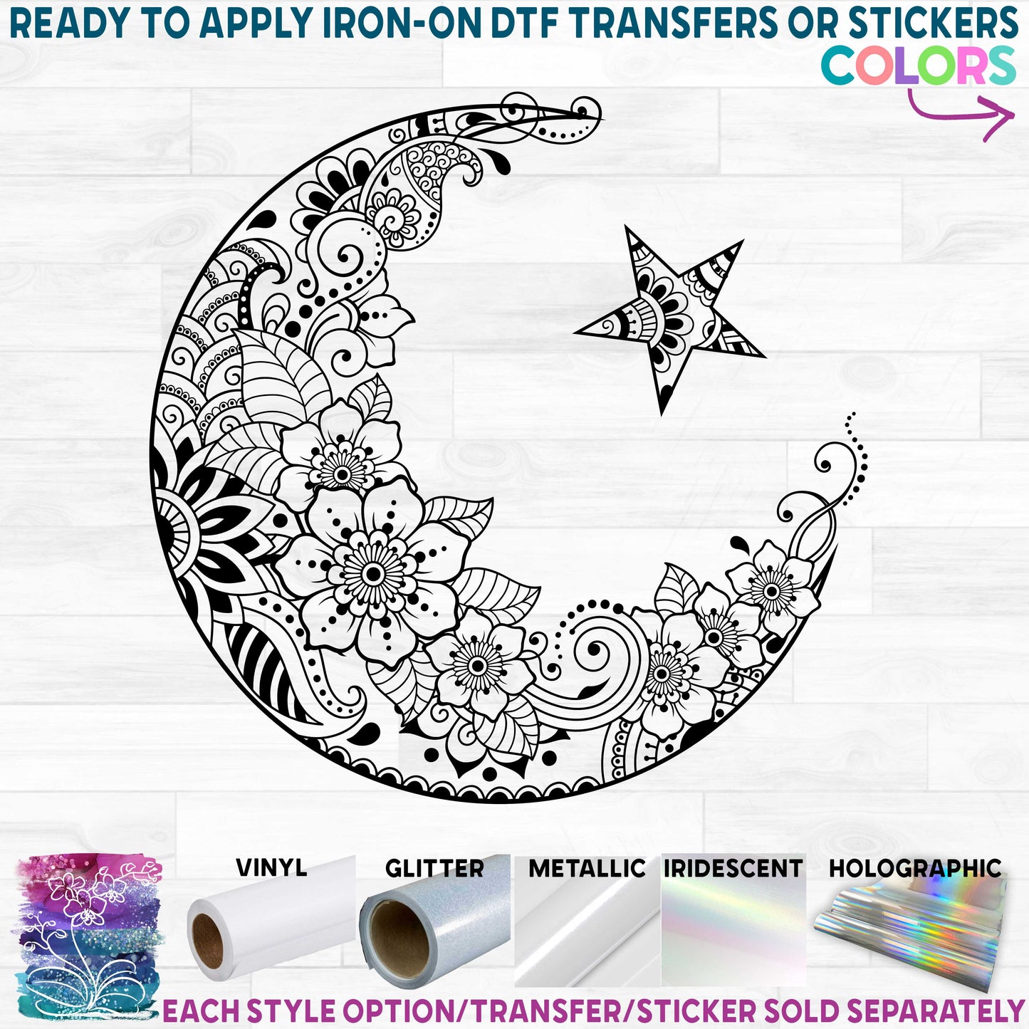 (s011-1-U3) Crescent Moon Star Zentangle Mandala Floral Doodle